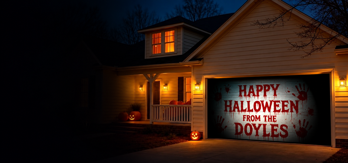 Halloween house with a personalized family projection on the garage door
