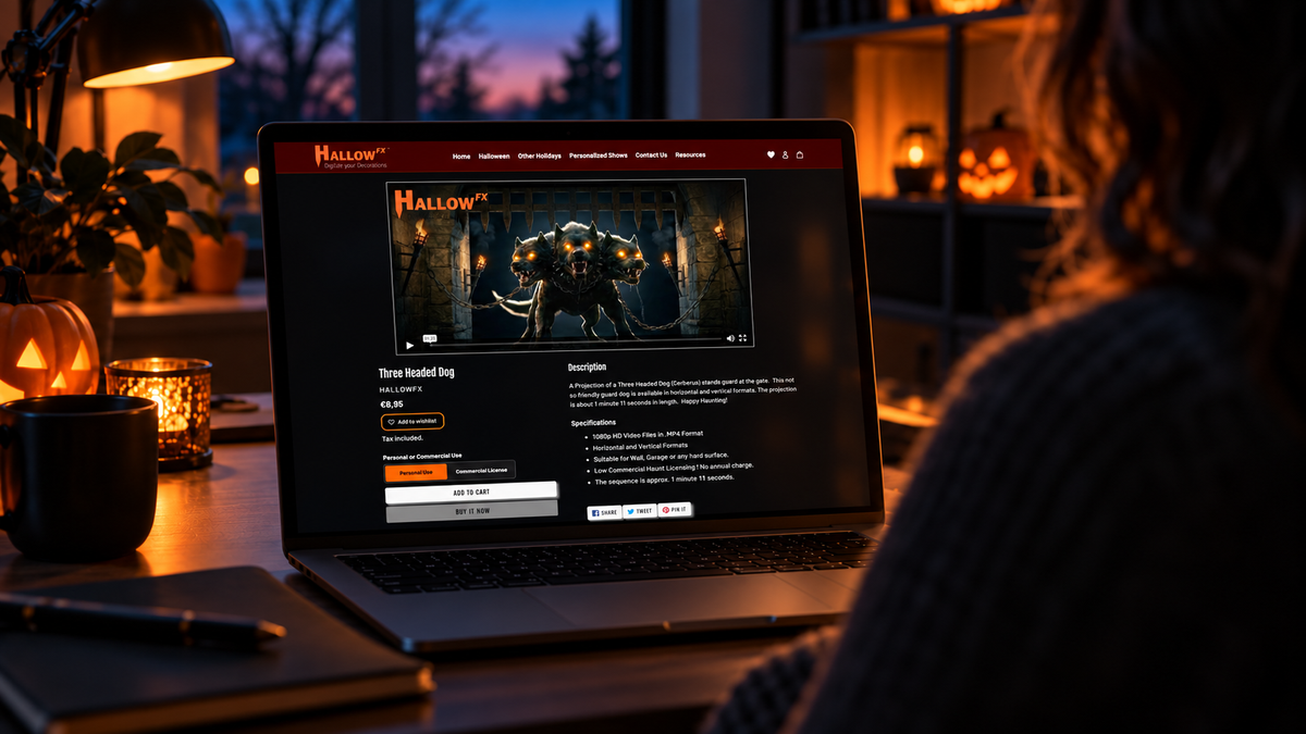 Browsing HallowFX digital Halloween decorations on a laptop