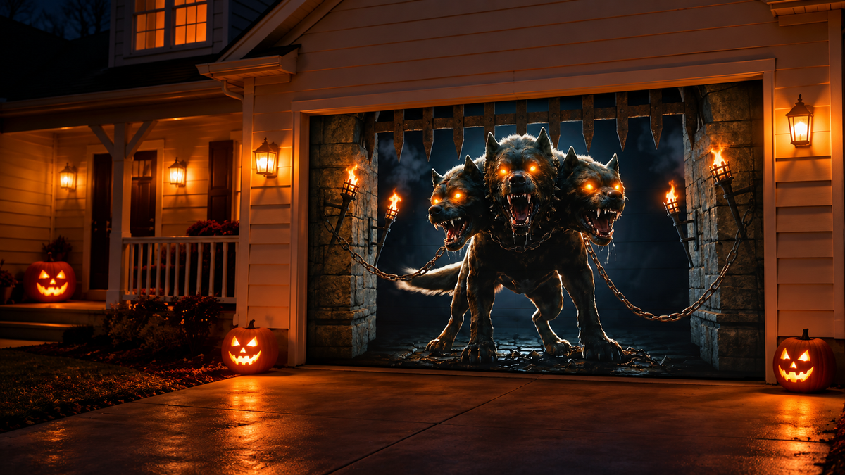 A HallowFX Cerberus projection displayed on a garage door